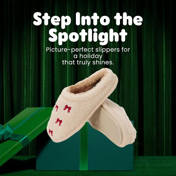 Women's Tan Red Holiday Christmas Fuzzy Cozy Sherpa Novelty House Slipper Shoes - Picture 2 of 6